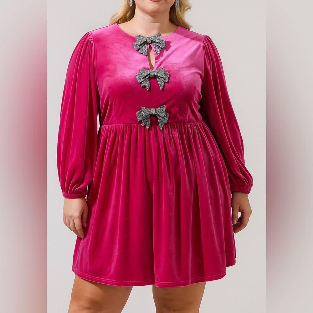 Sugarlips Pink Long Sleeve Dress with Silver Bows